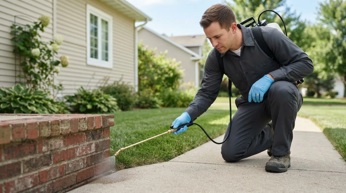 Pest control technician treating a home near East Concord, NY
