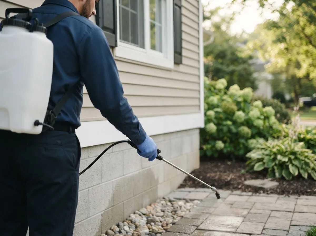 Pest control technician inspecting a home in East Concord, NY